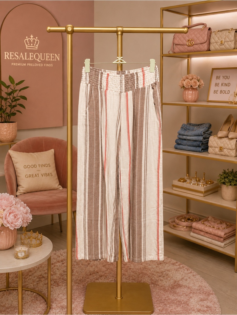 Vanilla Star Striped Wide Leg Pants in Beige, Brown & Coral